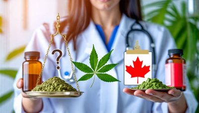 Conceptual image of a nurse in a Canadian hospital balancing a kratom leaf against medicine bottles, symbolizing the debate over kratom's benefits and challenges within nursing.