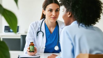 A nurse and patient discussing CBD gummies use; the nurse holds the product while educating about its interactions and benefits.