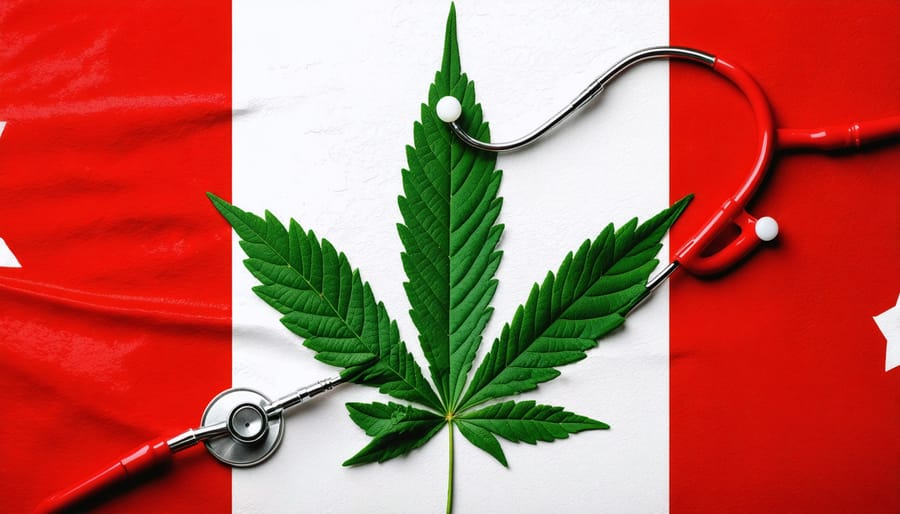Digital artwork illustrating the integration of CBD into Canadian healthcare with a Canadian flag merging into a cannabis plant and healthcare symbols.