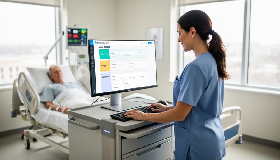 Healthcare professional using digital tablet for electronic health record documentation
