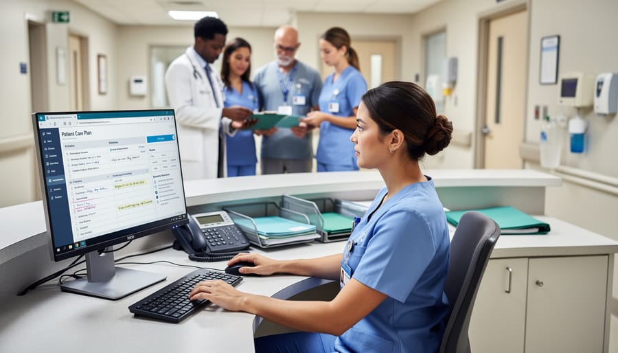 Healthcare team collaborating and reviewing patient documentation at nursing station