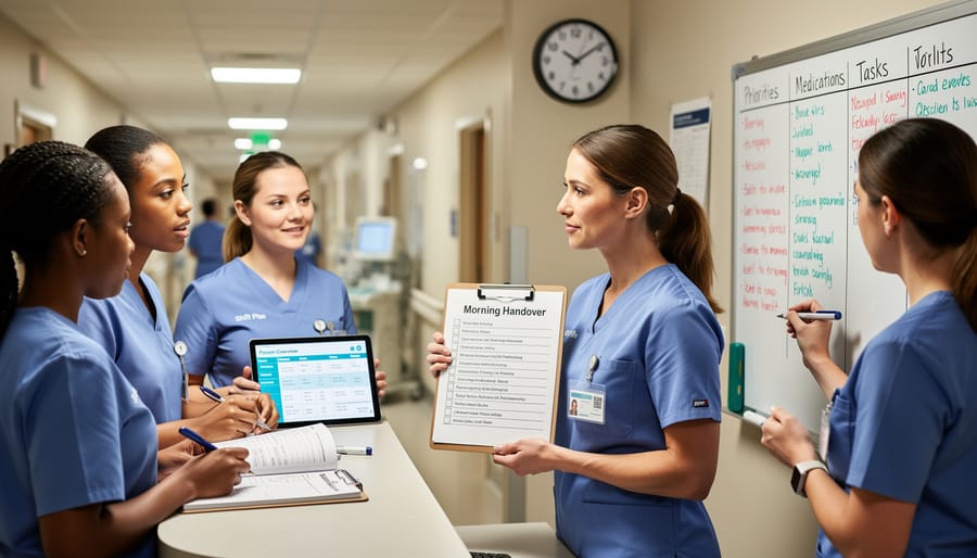 Group of nurses conducting morning handover at hospital nursing station