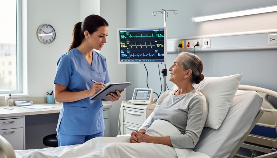 Nurse communicating with patient using clear hand gestures in hospital room