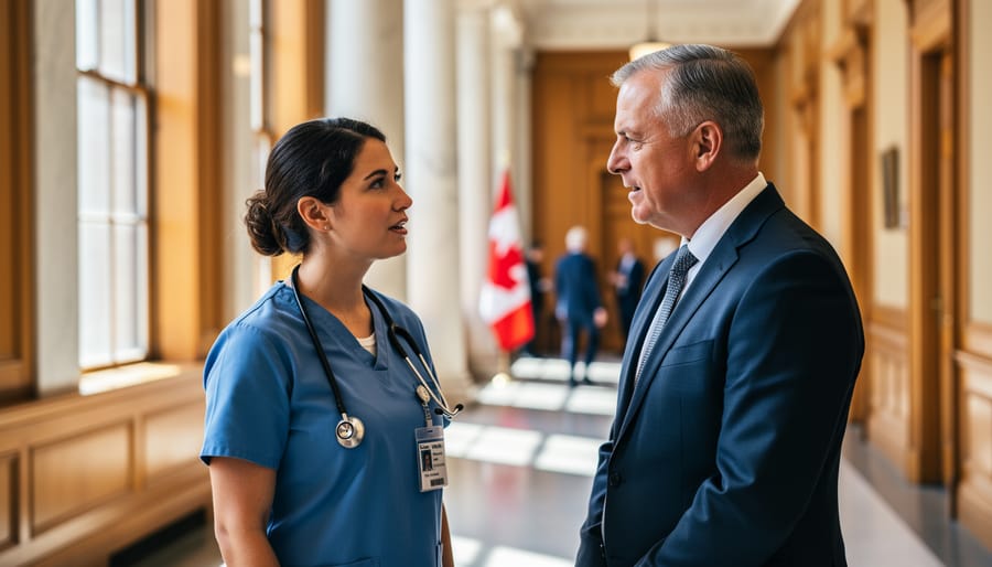 Frontline nurse in blue scrubs with a stethoscope discusses healthcare issues with a suited policymaker in a sunlit government corridor, with blurred marble columns and a red-and-white Canadian flag in the background.