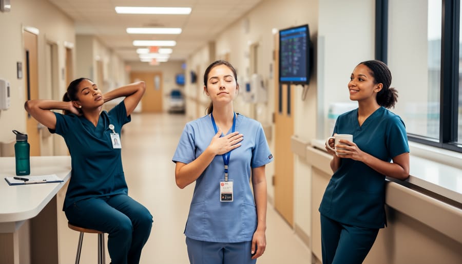 Nurse taking a mindful breathing moment during hospital shift
