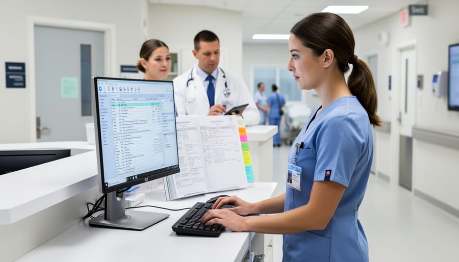 Nurse writing detailed notes on patient chart in hospital setting
