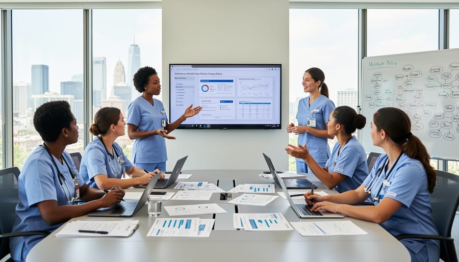 Group of nurses in professional discussion at hospital table
