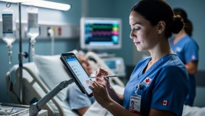 Close-up of a nurse in blue scrubs using a stylus to enter patient notes on a tablet at a bedside workstation, with a patient, monitor, and IV pole softly blurred in the background under clean, diffused clinical lighting.