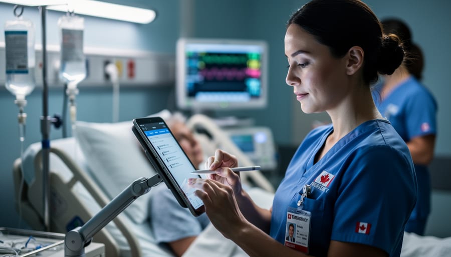 Close-up of a nurse in blue scrubs using a stylus to enter patient notes on a tablet at a bedside workstation, with a patient, monitor, and IV pole softly blurred in the background under clean, diffused clinical lighting.