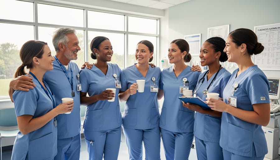 Two nurses supporting each other in hospital break room