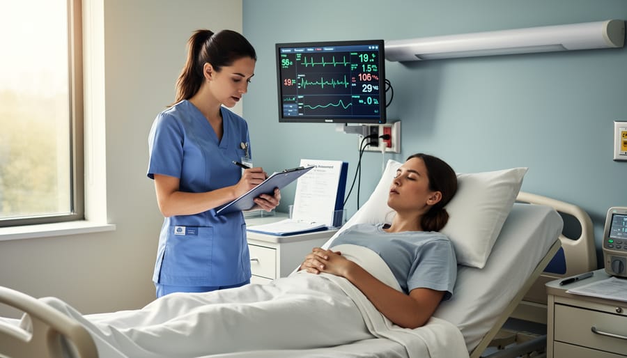 Nurse conducting patient assessment and monitoring vital signs at bedside