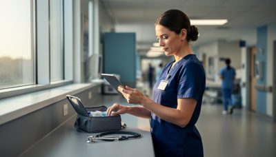 Nurse in navy scrubs at a hospital nurses’ station reviewing a tablet and arranging a small supply tote and stethoscope, lit by soft morning light with blurred patient rooms and colleagues in the background.