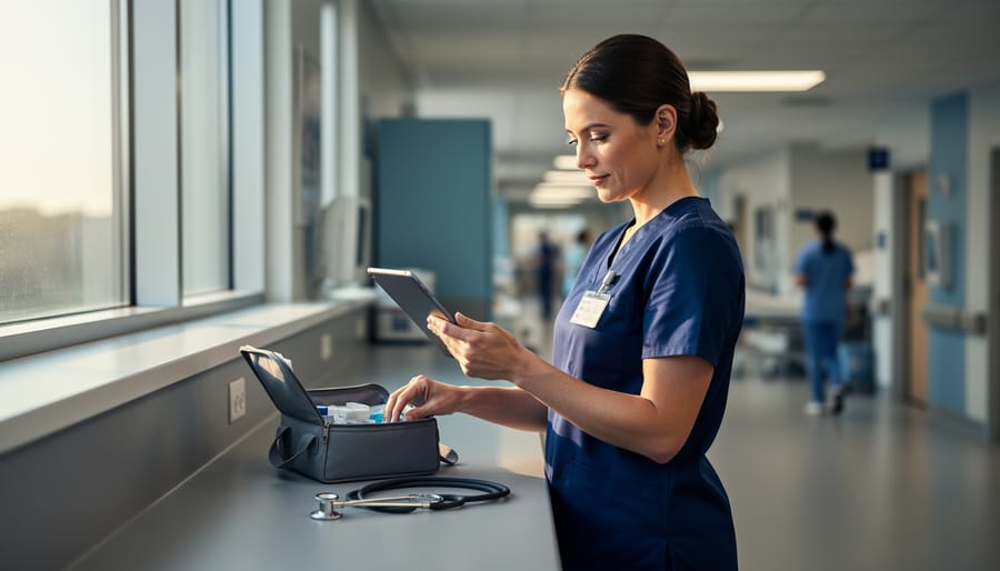 Nurse in navy scrubs at a hospital nurses’ station reviewing a tablet and arranging a small supply tote and stethoscope, lit by soft morning light with blurred patient rooms and colleagues in the background.