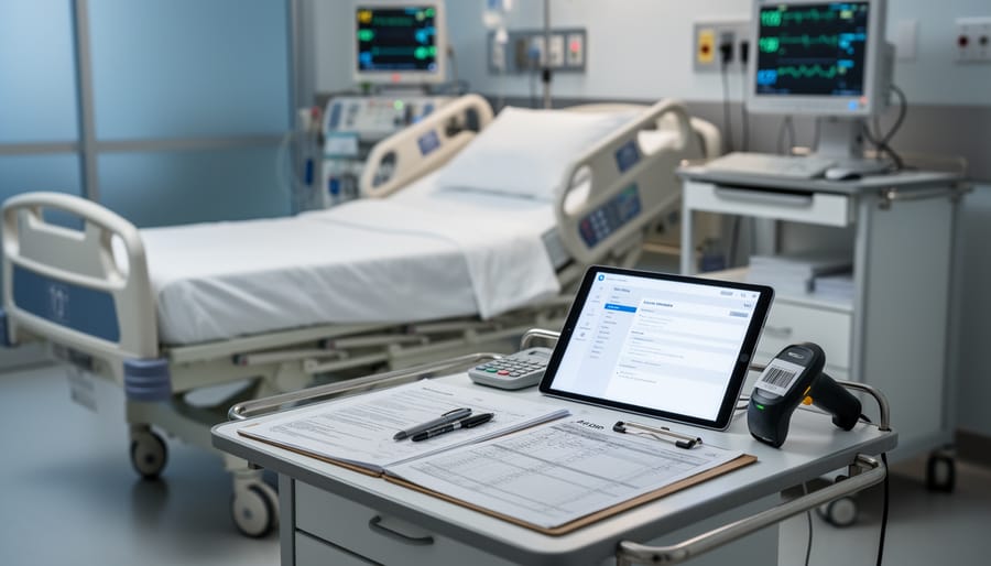 Stethoscope and clipboard in the foreground of an ICU nursing station at night