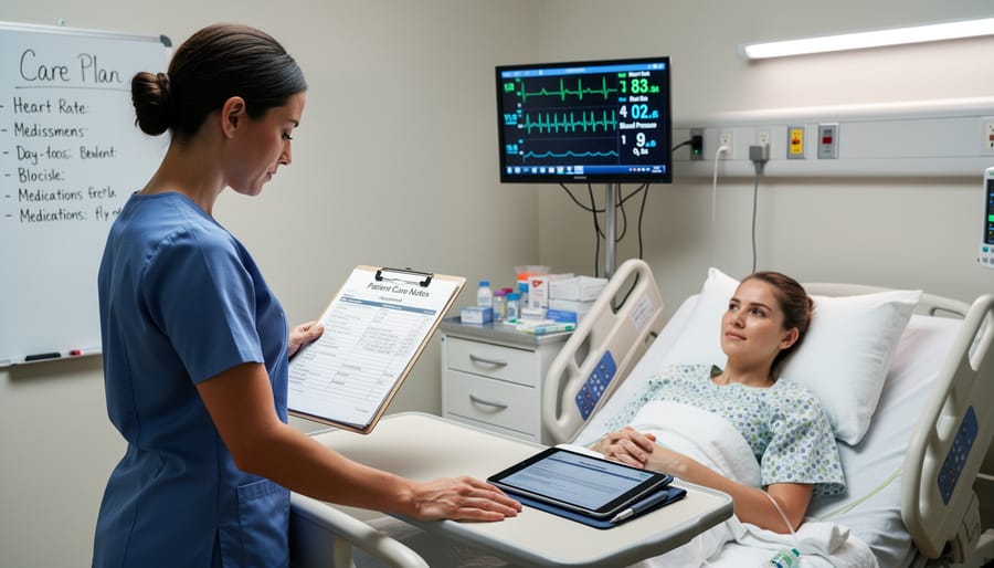 Nurse’s gloved hands reviewing patient care notes at a hospital workstation