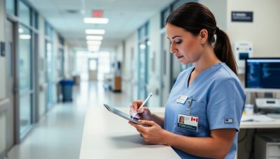 A nurse writing clinical notes on a tablet at a hospital nursing station with a softly blurred patient ward in the background.