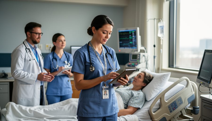 Advanced practice nurse interacting with a patient in a bright clinic office
