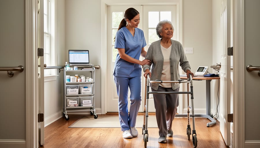 Licensed practical nurse providing supportive home-care assistance to an older patient