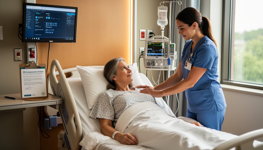 Registered nurse performing wound dressing care at a hospital bedside