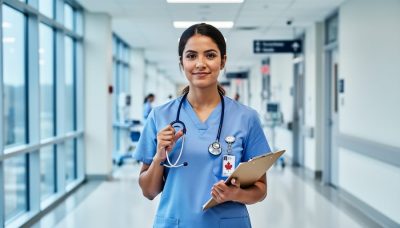 Canadian nurse in hospital hallway holding a stethoscope and clipboard, representing nursing roles and compensation in Canada.