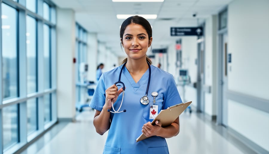 Canadian nurse in hospital hallway holding a stethoscope and clipboard, representing nursing roles and compensation in Canada.