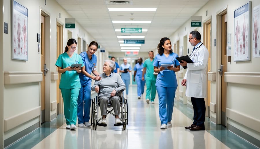 Two nurses walking down a hospital hallway toward the camera in Canada