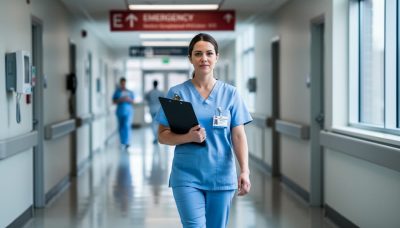 A registered nurse in scrubs walking through a hospital emergency department hallway in Canada.