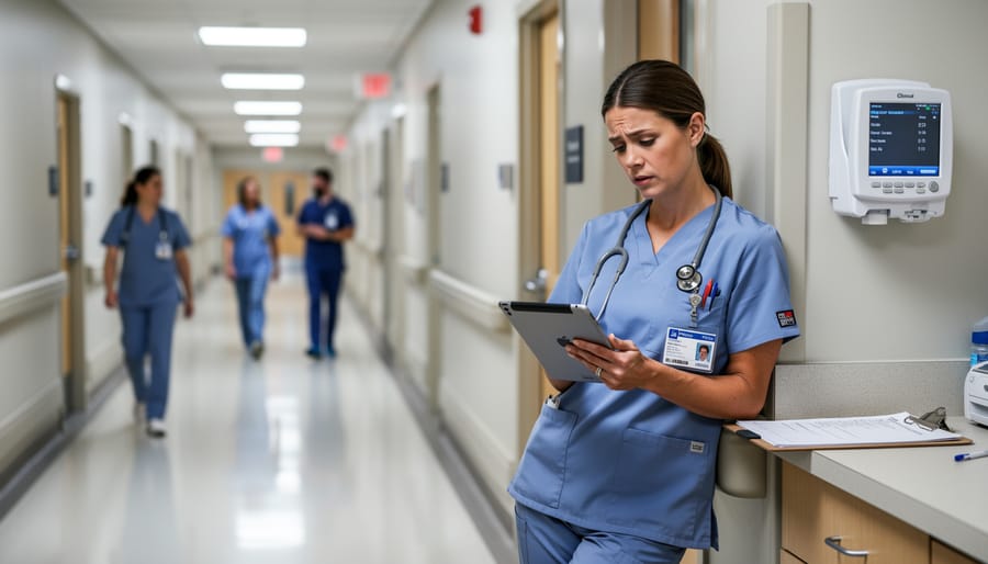 A Canadian nurse in scrubs standing in a hospital hallway with bright clinical surroundings in the background.