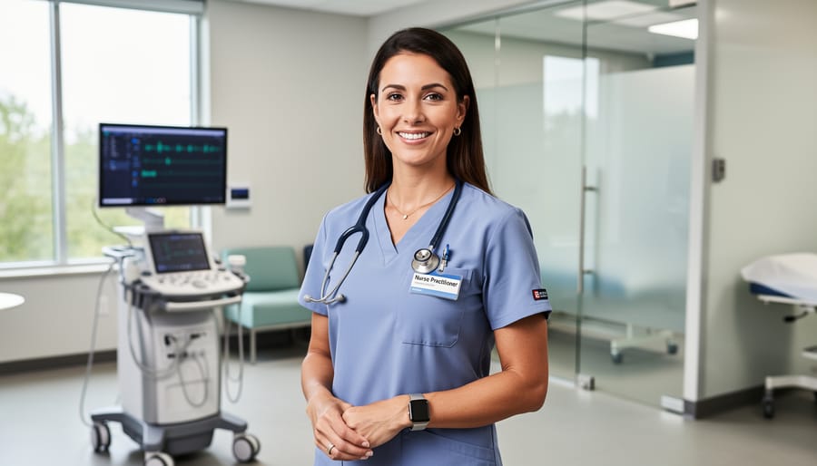Nurse practitioner in a Canadian clinic exam room holding a clipboard