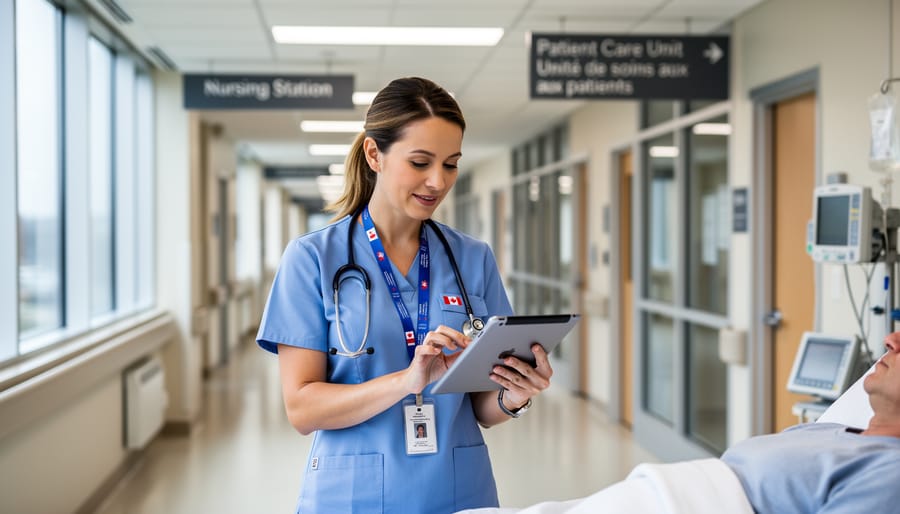 A nurse in a Canadian hospital hallway holding a stethoscope and wearing a lab coat