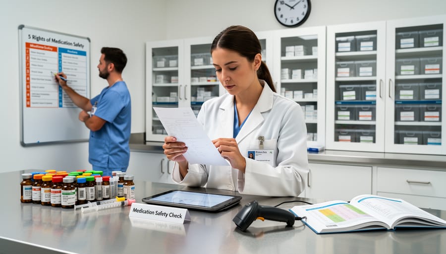 A nurse’s gloved hands preparing medication in a clinical setting while patient materials remain out of focus and unreadable.