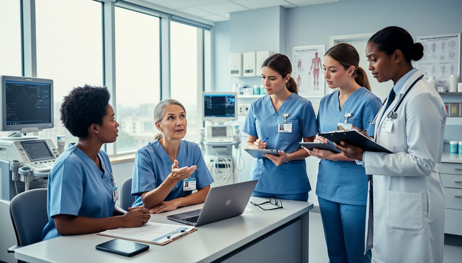 Clinical nurse specialist reviewing patient charts at a hospital nurses’ station