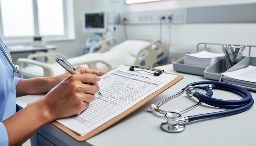 Close-up of hands writing nursing notes next to a hospital wristband.