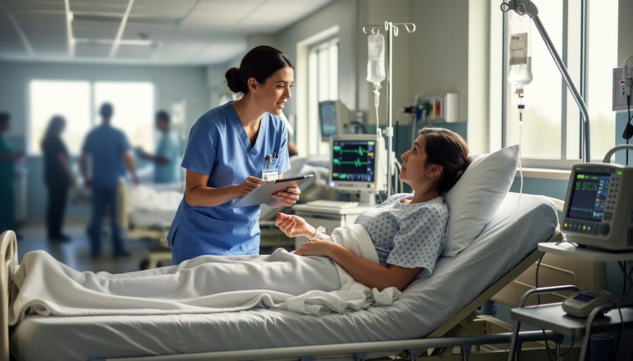 Nurse in hospital scrubs attentively checking a patient’s wristband while listening