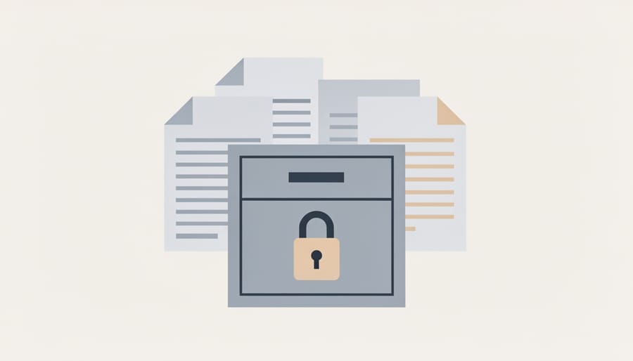 Metal lockbox on a desk representing secure confidential documentation storage.