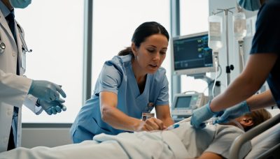 Nurse in emergency department coordinating with a multidisciplinary trauma team around a patient gurney, representing collaboration and communication in nursing care.