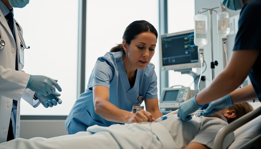 Nurse in emergency department coordinating with a multidisciplinary trauma team around a patient gurney, representing collaboration and communication in nursing care.