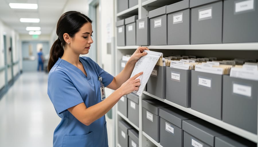 Hands placing a document into an archival binder in a tidy healthcare setting.