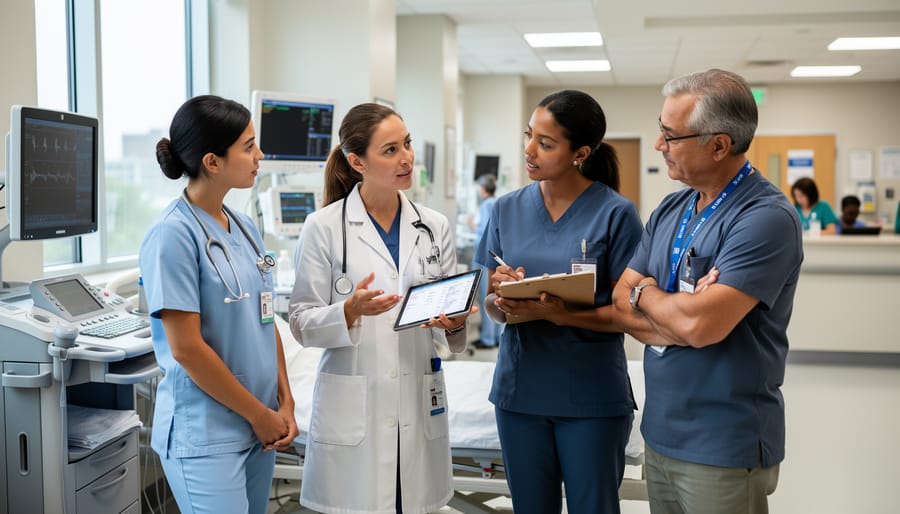Nurses and a physician standing and talking in a hospital corridor to coordinate patient care.