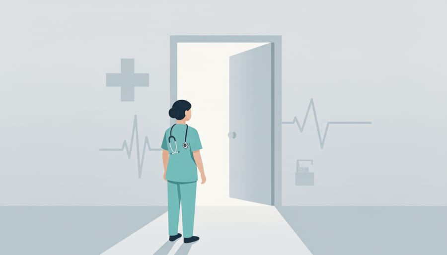 A healthcare professional holding an ID badge near a hospital entrance