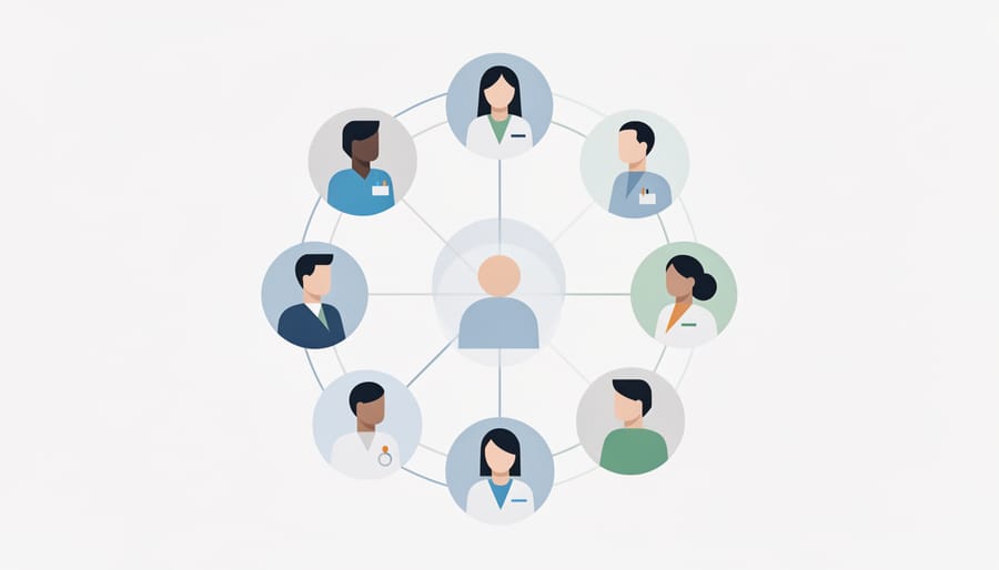 Multidisciplinary healthcare team gathered around a conference table collaborating for coordinated patient care.