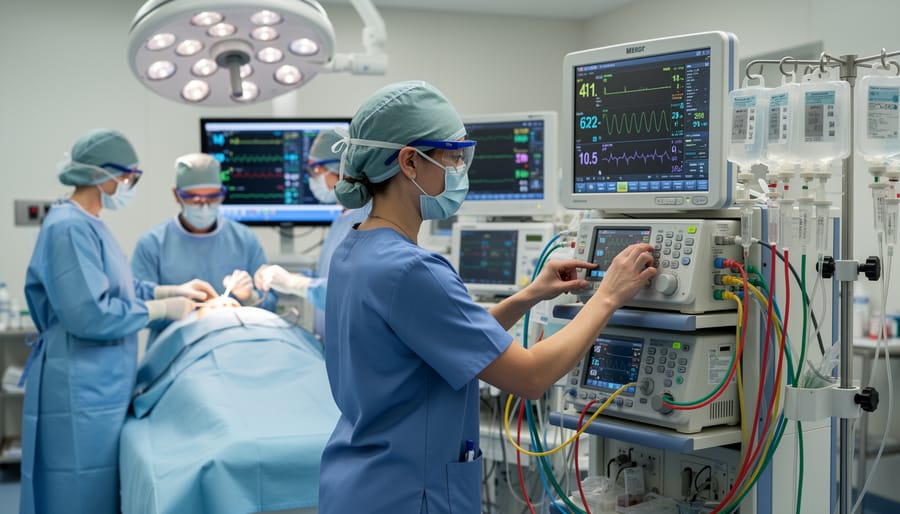 Nurse anesthetist standing beside anesthesia equipment in an operating room