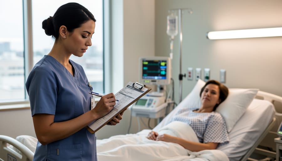 Nurse in hospital setting reviewing patient documentation near a bedside.