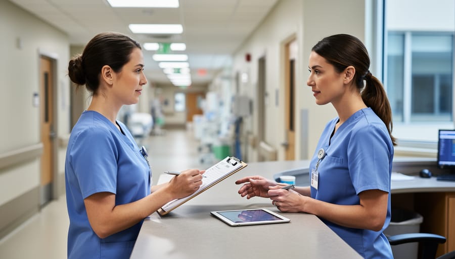 Nurse bedside handoff with another nurse listening and reviewing documentation in a patient room.