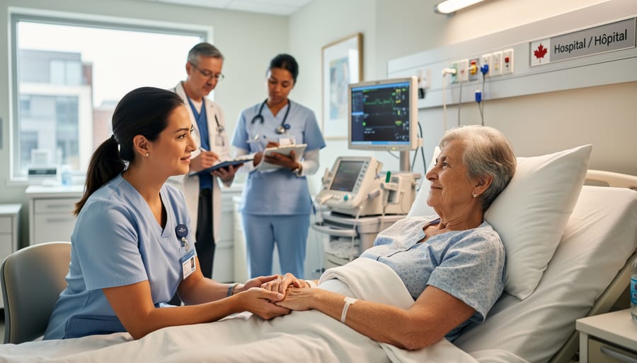 A Canadian nurse speaks calmly with an older patient in a bright hospital room, showing patient-centred compassionate care.