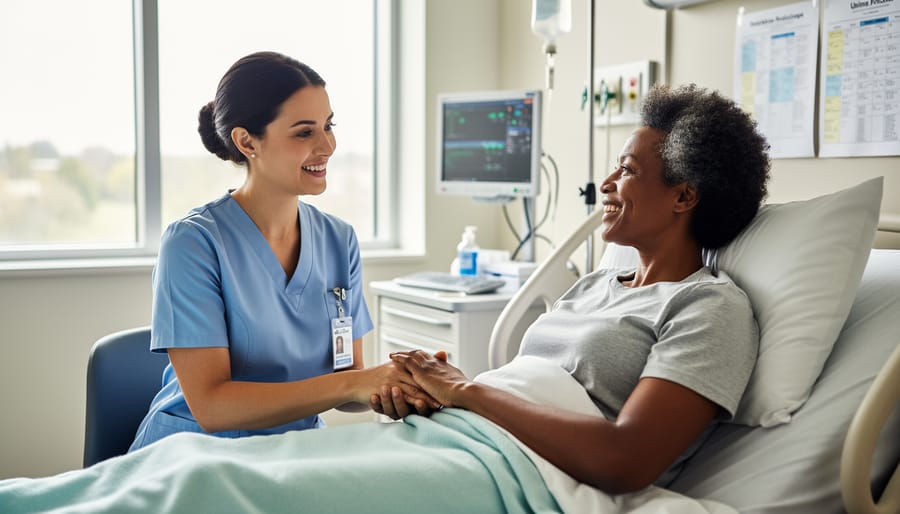 A nurse and elderly patient holding hands near a hospital bed in a calm patient room.