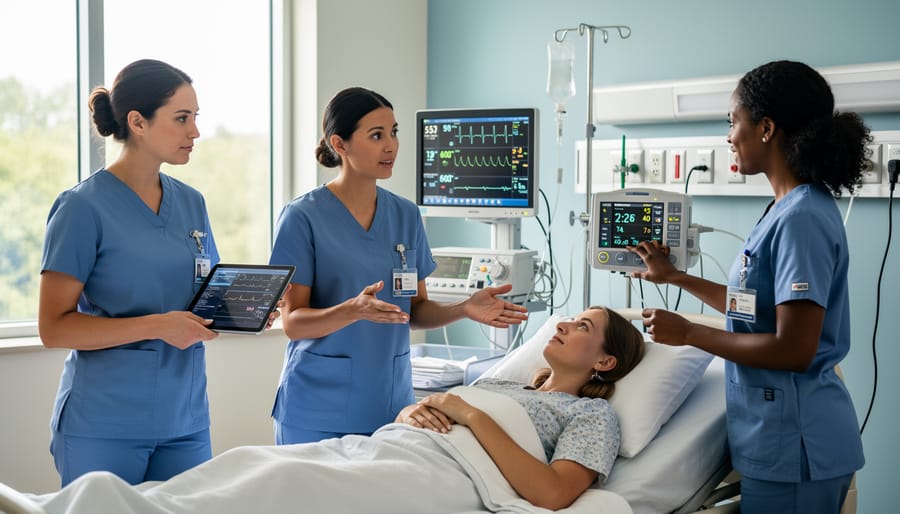 Two nurses collaborate in a hospital hallway reviewing care notes near a patient room doorway