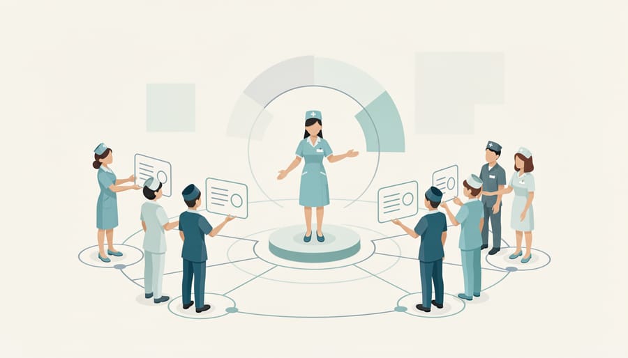 A nurse and interdisciplinary team stand together in a hospital corridor for a collaborative care handoff discussion.