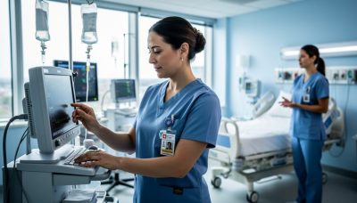 A Canadian nurse in an ICU checks a patient’s monitor with a colleague nearby during shift collaboration.