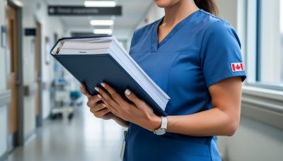 “Nurse’s hands holding paper documentation in a modern hospital hallway, representing nursing notes PDF templates and reference resources.”